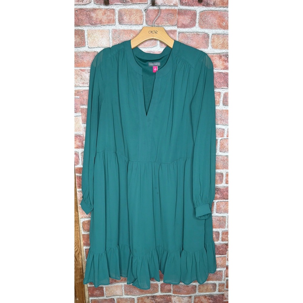 Vince Camuto Teal Green Ruffle Hem Tiered Luxury Dress Plus Size 1X Long Sleeve